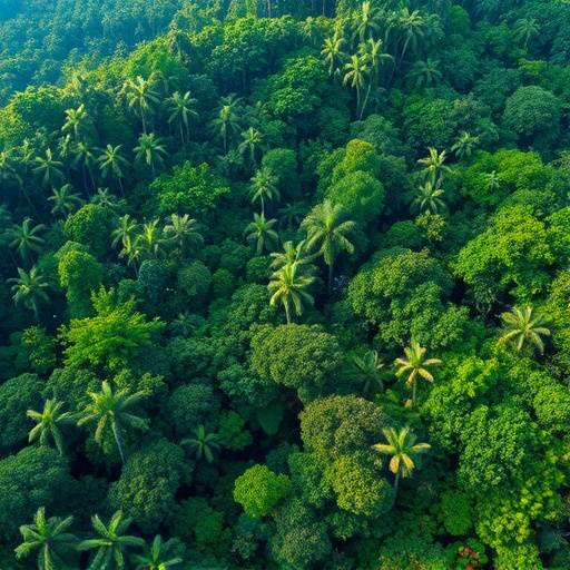 Aerial view of a lush, green tropical rainforest