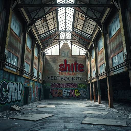 An abandoned industrial warehouse with graffiti art