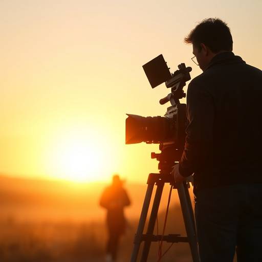 Film crew setting up a shot at sunset
