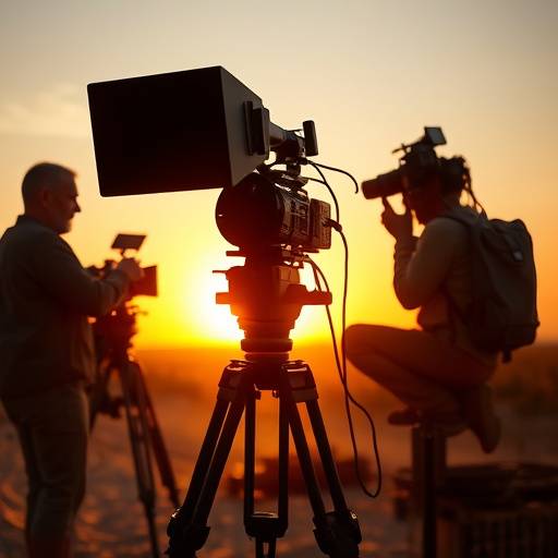 Film crew setting up a shot at sunset