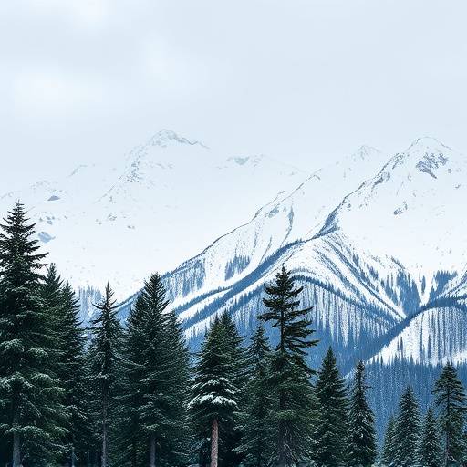 Snowy mountain range with pine trees